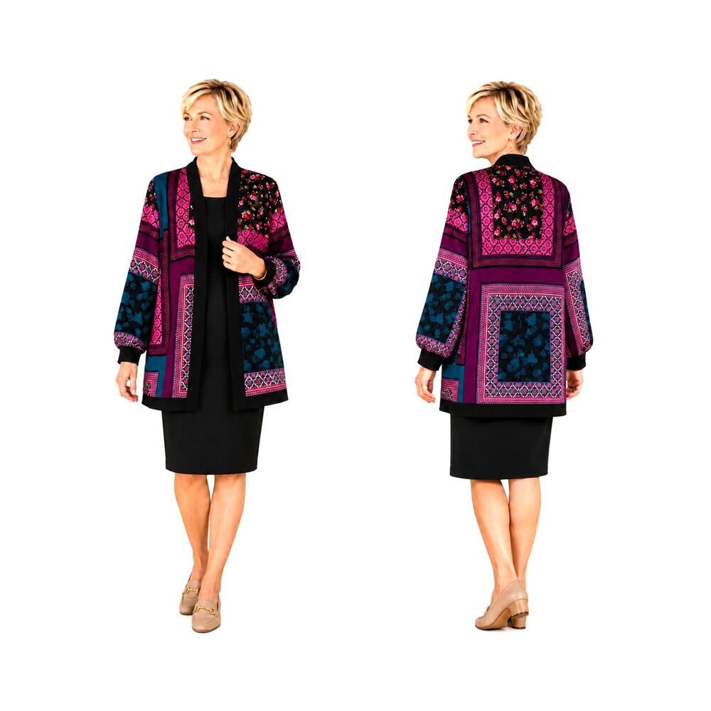 Chico's 2 L 12 14 Jewel Tone Patchwork Print Long Open Duster Jacket
